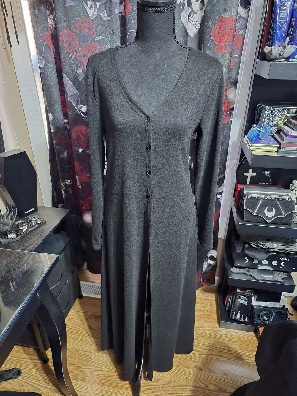 Black Long-Sleeve V-Neck Button-Front Maxi Dress